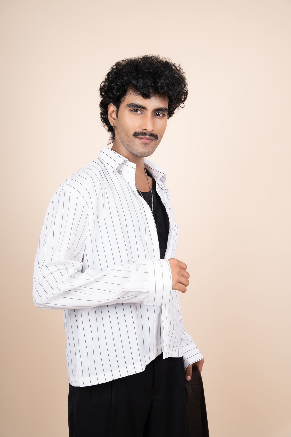 White Pinstripe Boxy Fit Tailored Shirt