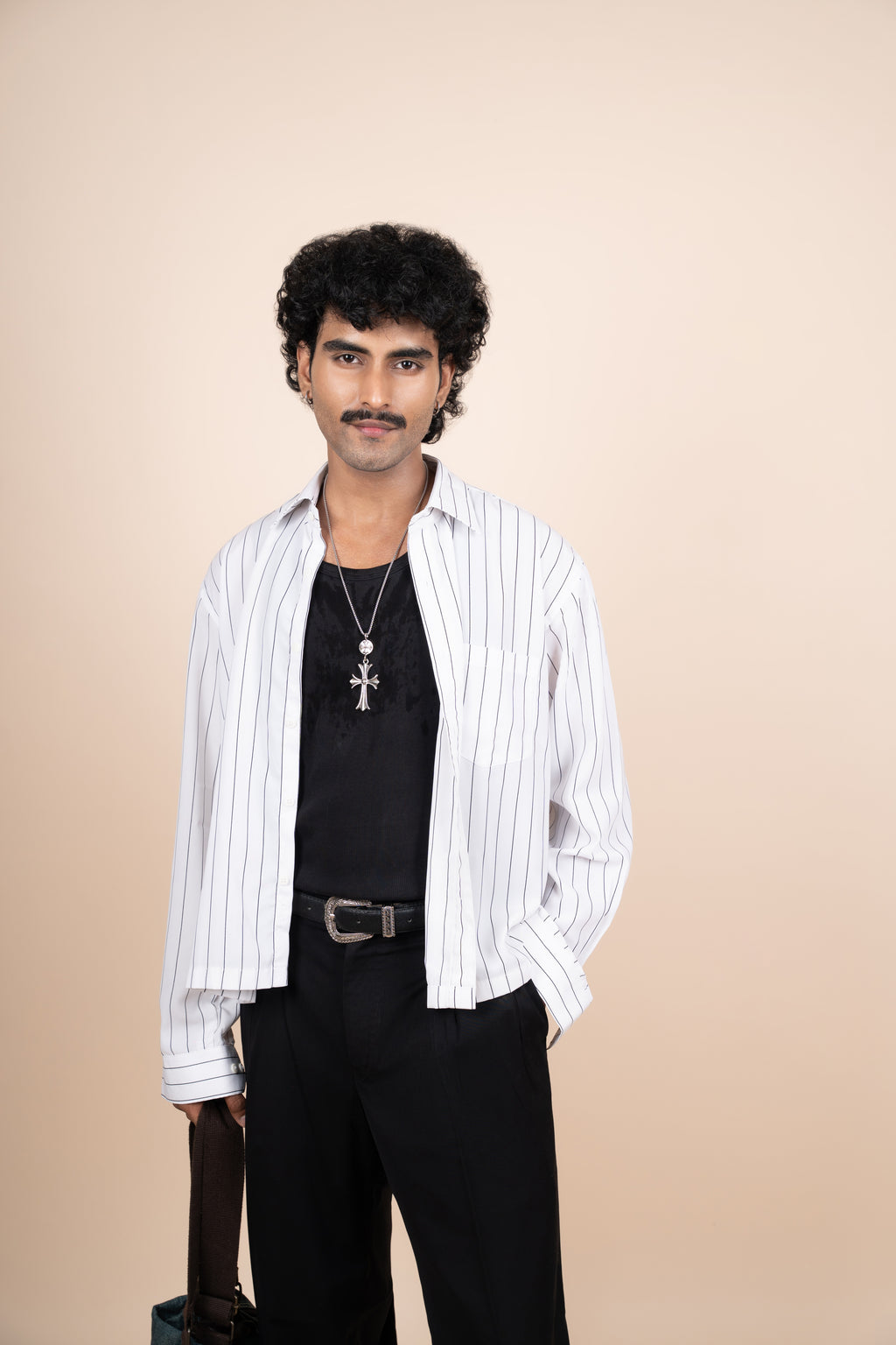 White Pinstripe Boxy Fit Tailored Shirt