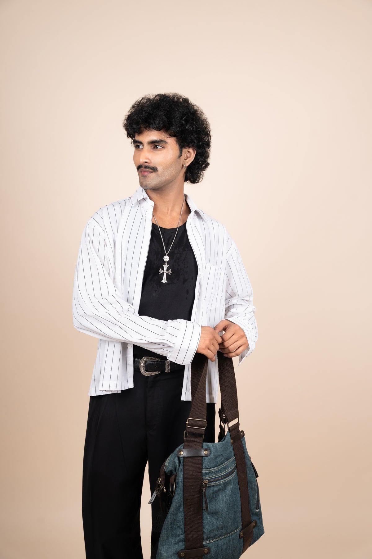 White Pinstripe Boxy Fit Tailored Shirt