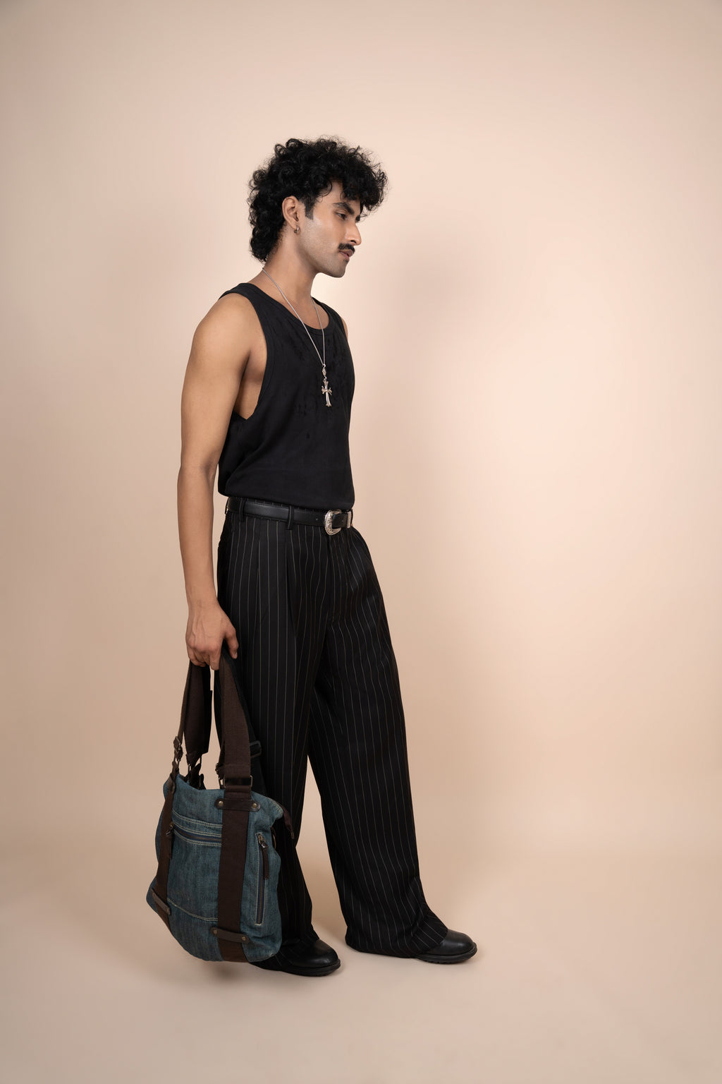 Black Pinstripe Tailored Pleated Trouser