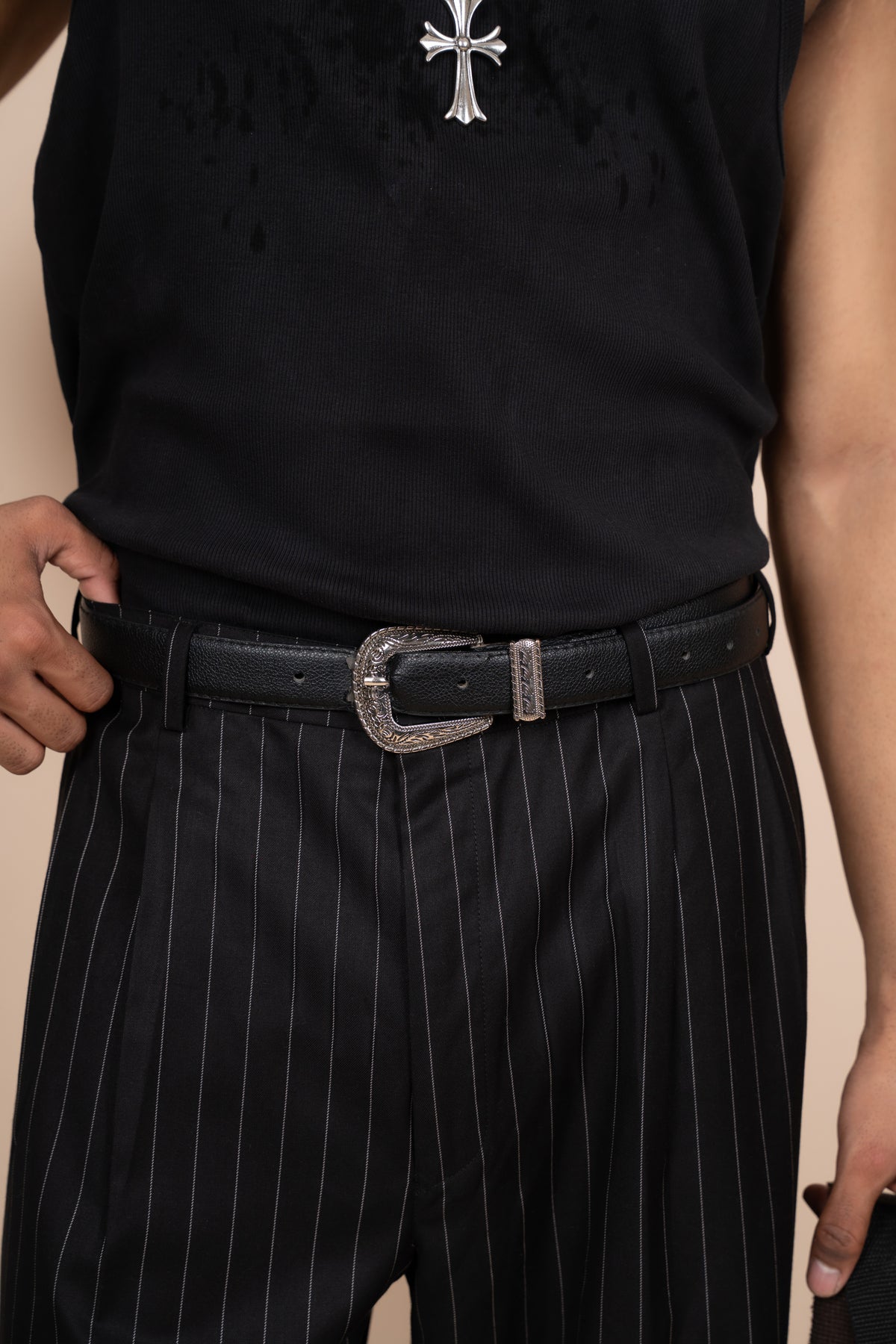 Black Pinstripe Tailored Pleated Trouser