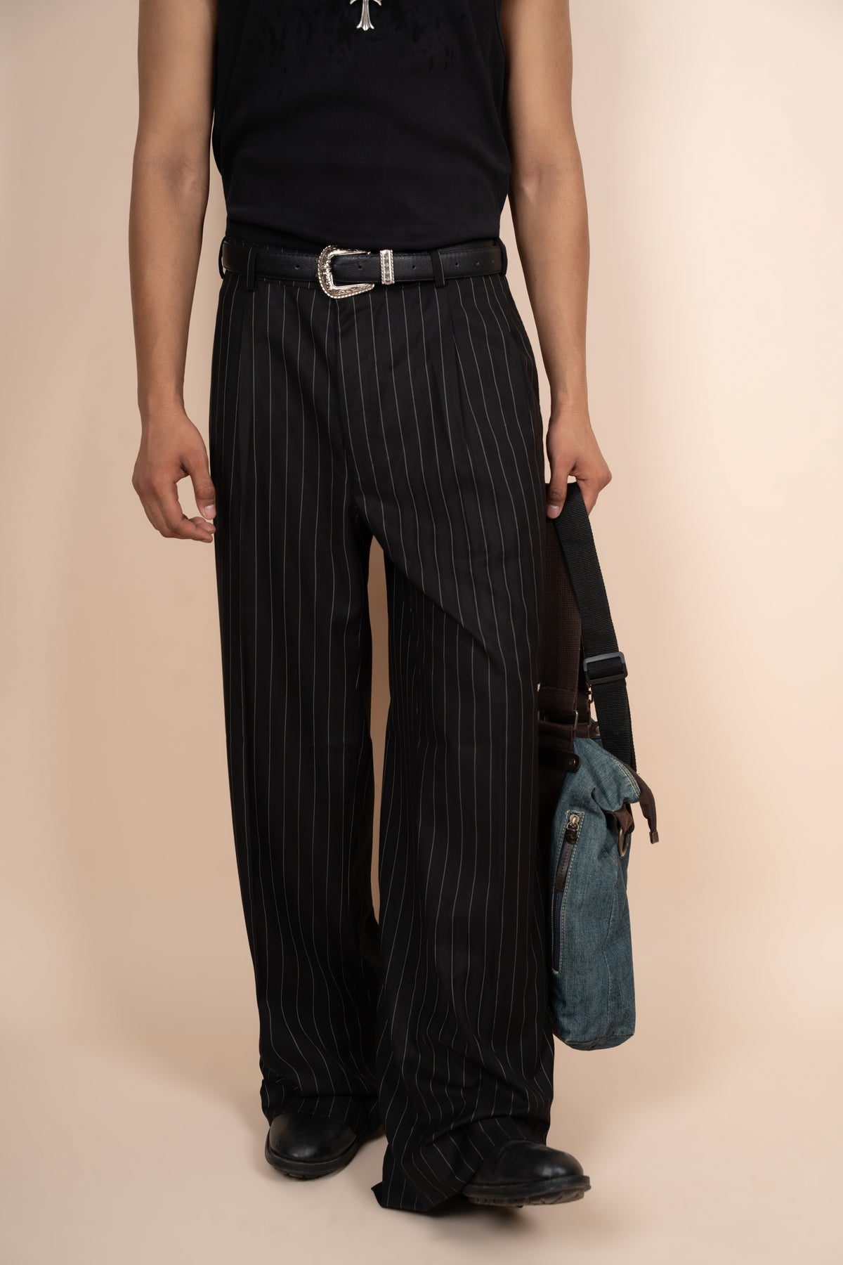 Black Pinstripe Tailored Pleated Trouser