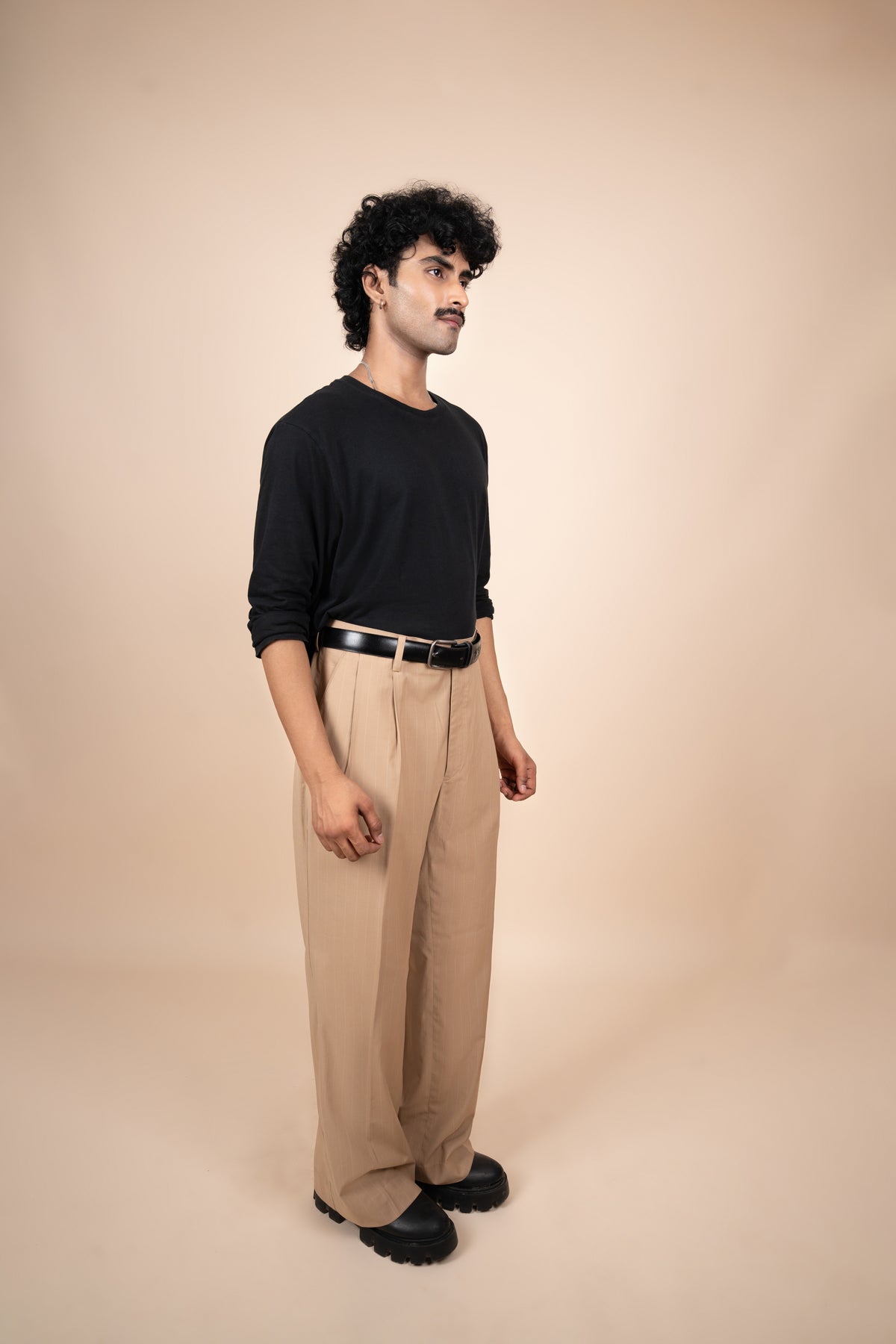 Beige Pinstripe Tailored Pleated Trouser