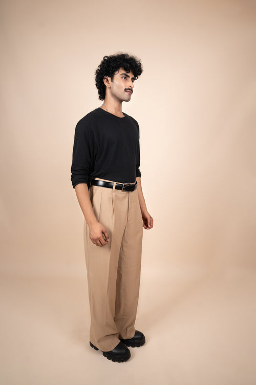 Beige Pinstripe Tailored Pleated Trouser