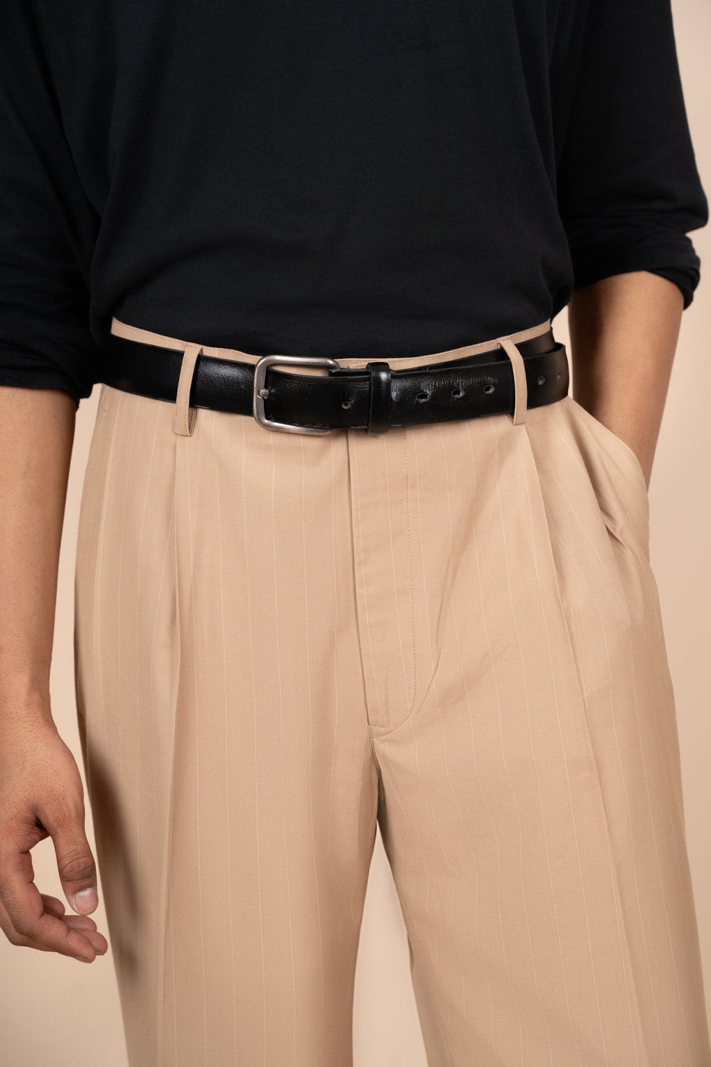 Beige Pinstripe Tailored Pleated Trouser