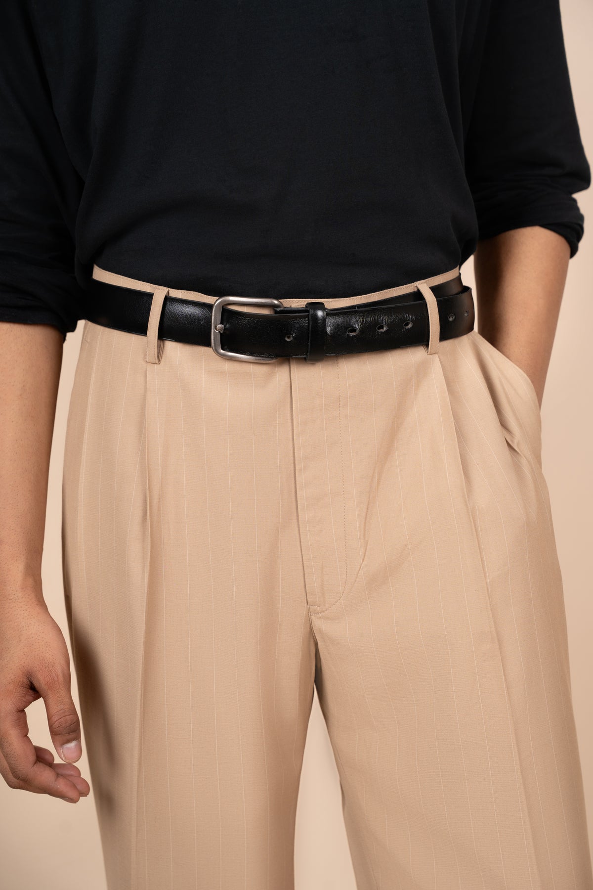 Beige Pinstripe Tailored Pleated Trouser
