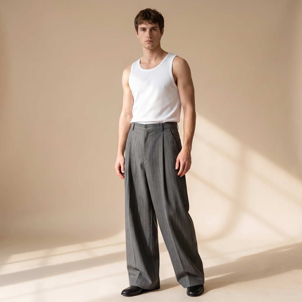 Wide Leg Pleated Pinstripe Trousers — Charcoal Grey