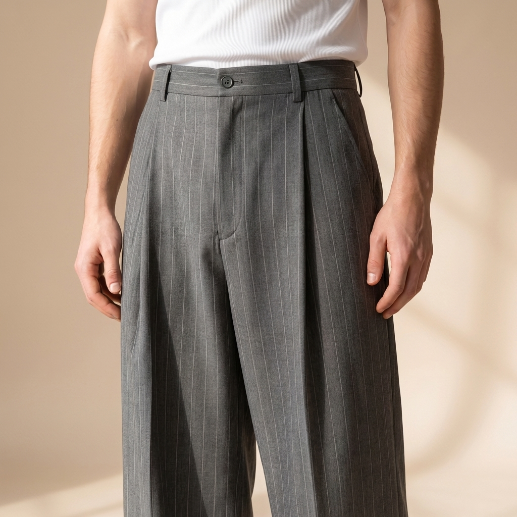 Wide Leg Pleated Pinstripe Trousers — Charcoal Grey