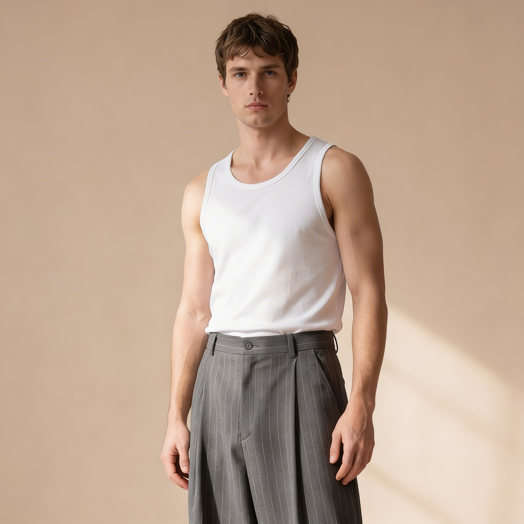 Wide Leg Pleated Pinstripe Trousers — Charcoal Grey