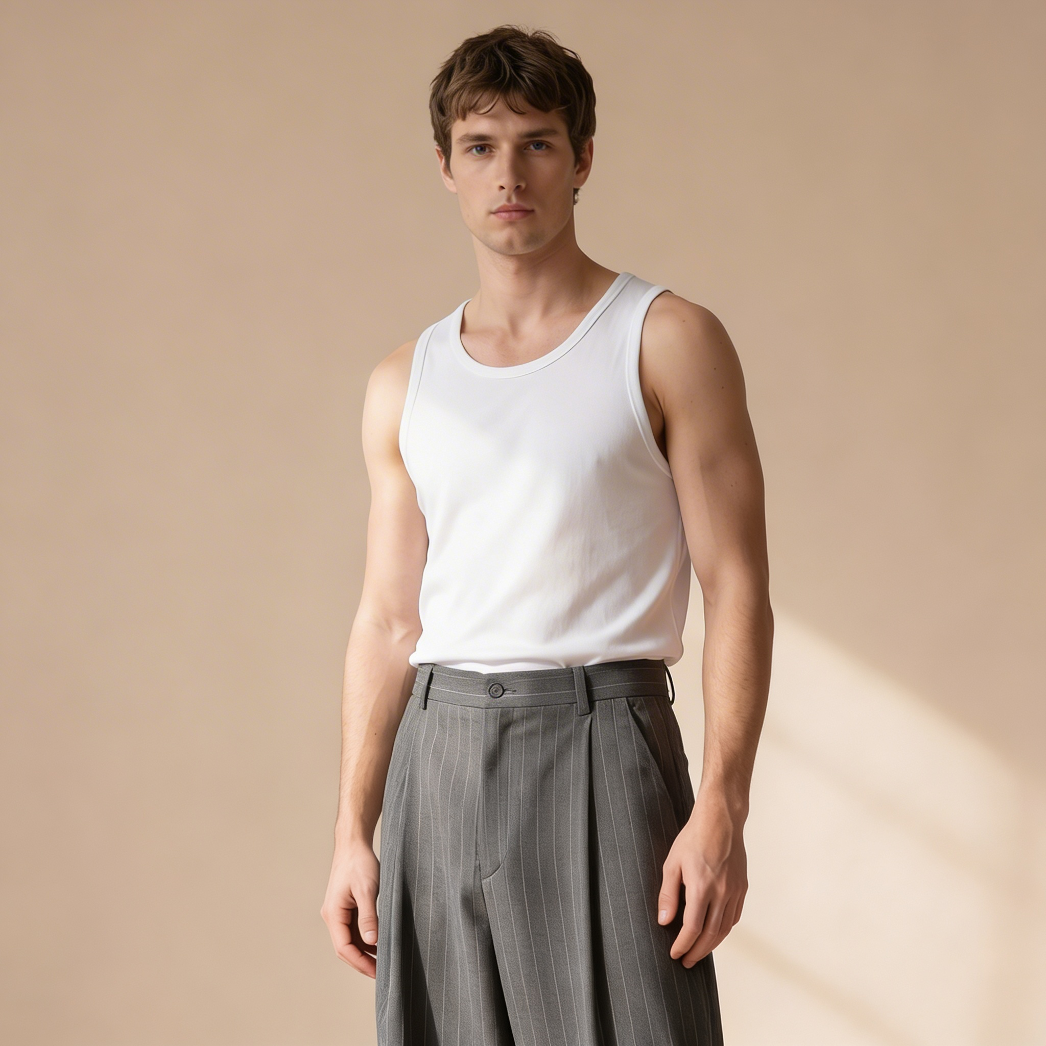 Wide Leg Pleated Pinstripe Trousers — Charcoal Grey