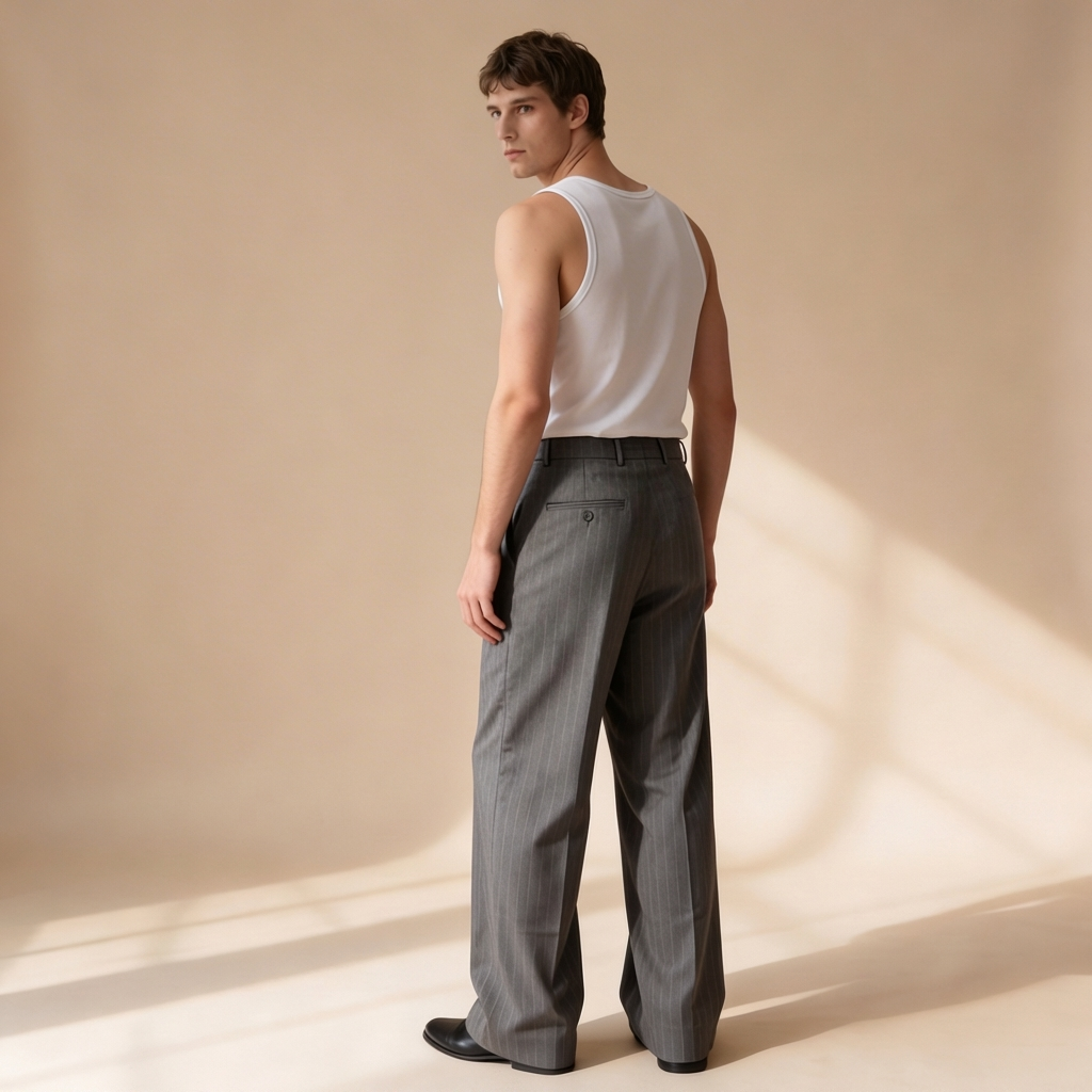 Wide Leg Pleated Pinstripe Trousers — Charcoal Grey