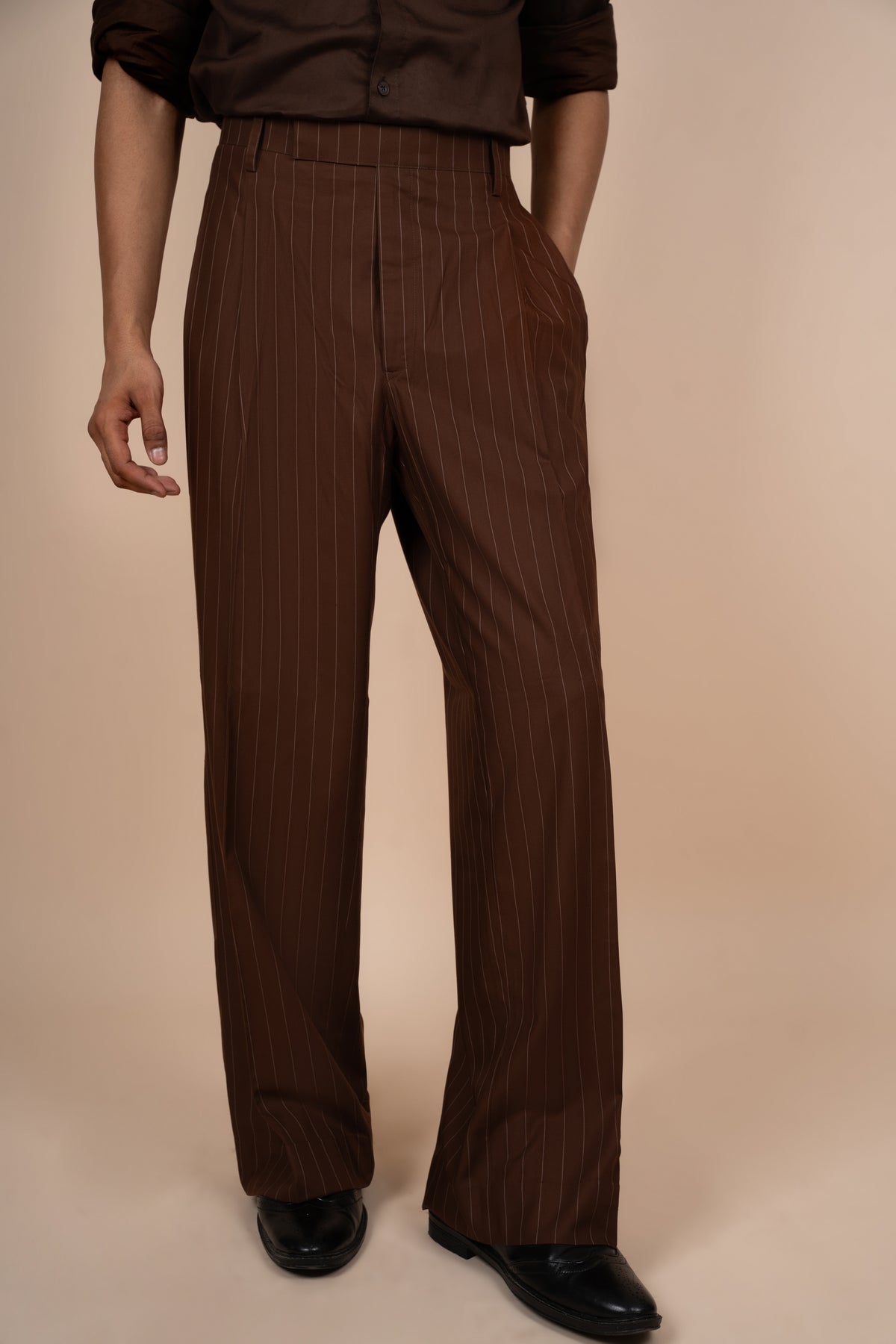 Brown Pinstripe Tailored Pleated Trouser