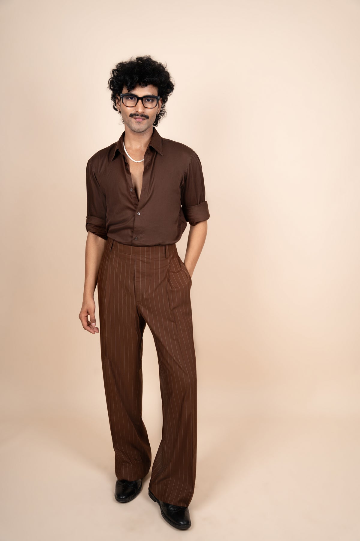 Brown Pinstripe Tailored Pleated Trouser