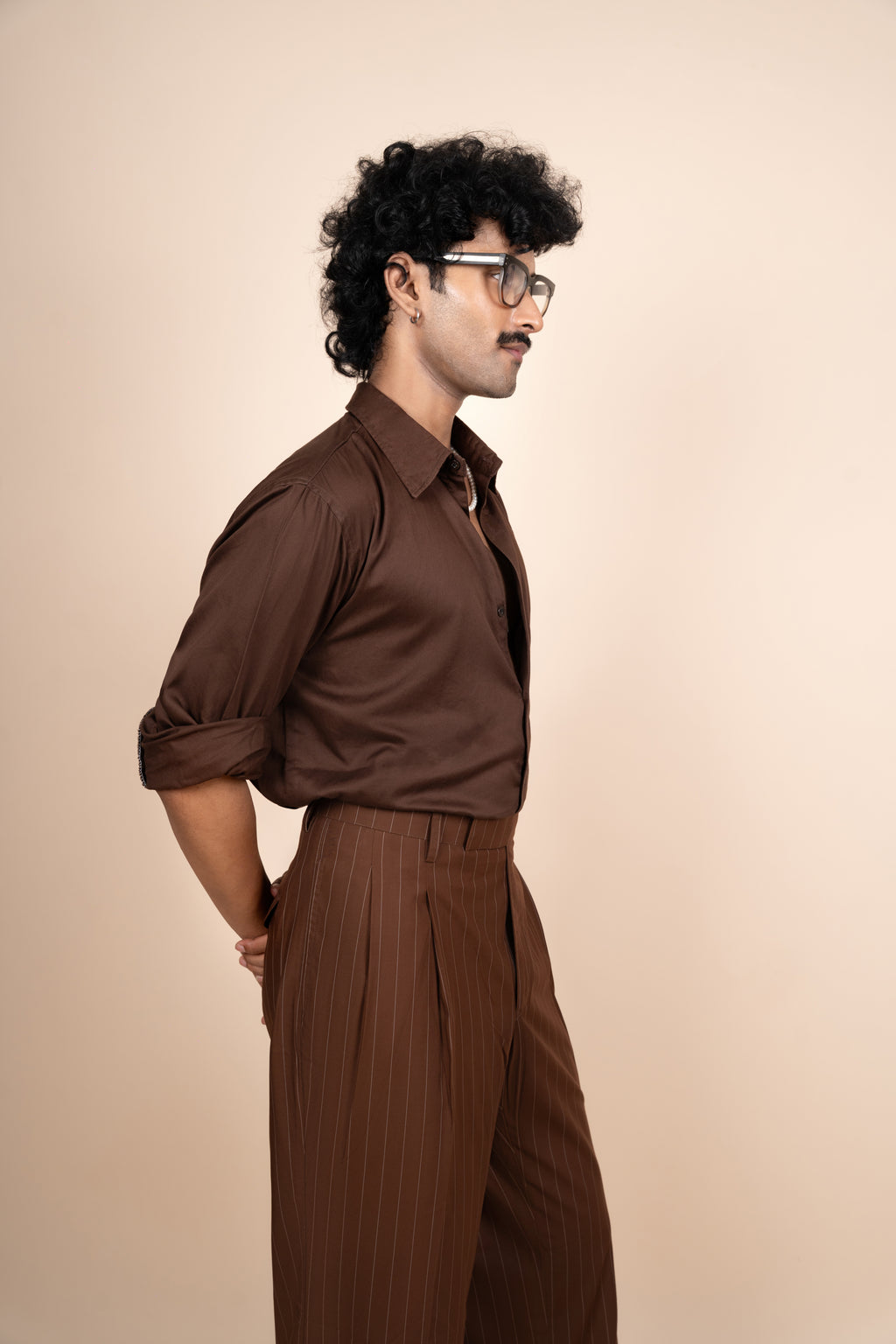 Brown Pinstripe Tailored Pleated Trouser