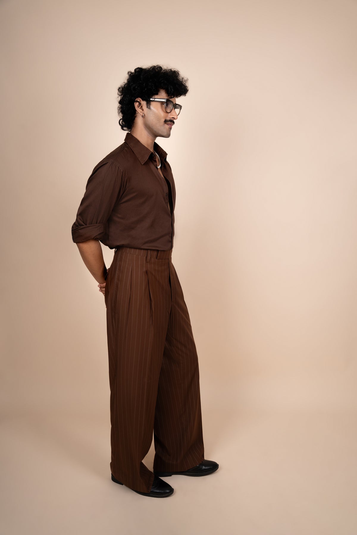Brown Pinstripe Tailored Pleated Trouser