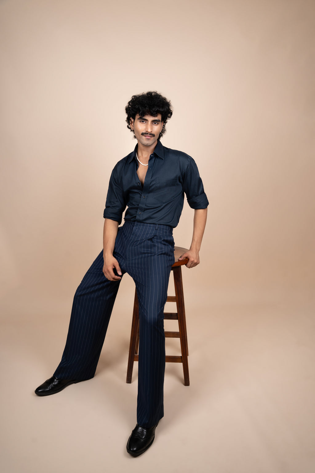 Navy Blue Pinstripe Tailored Pleated Trouser