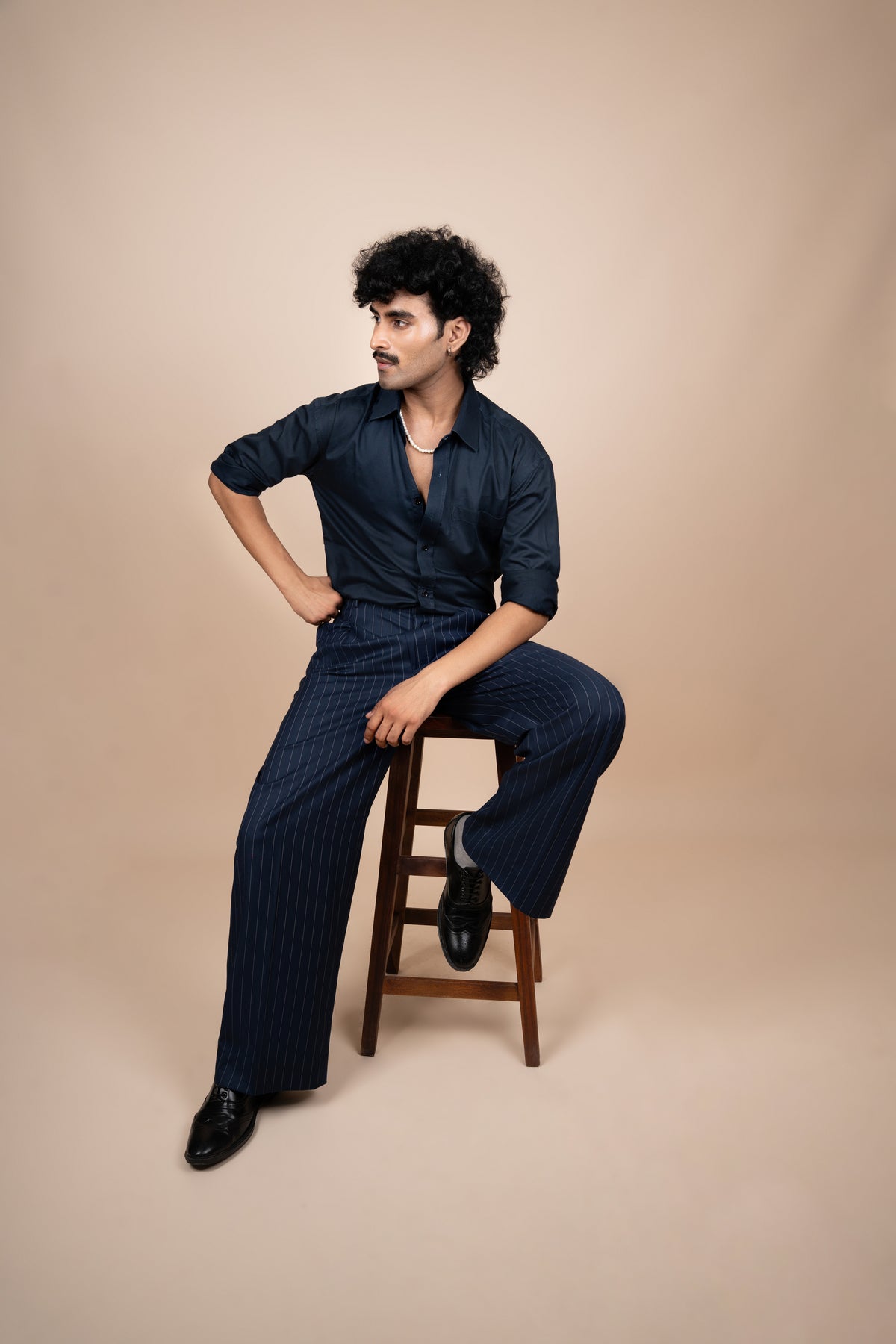 Navy Blue Pinstripe Tailored Pleated Trouser