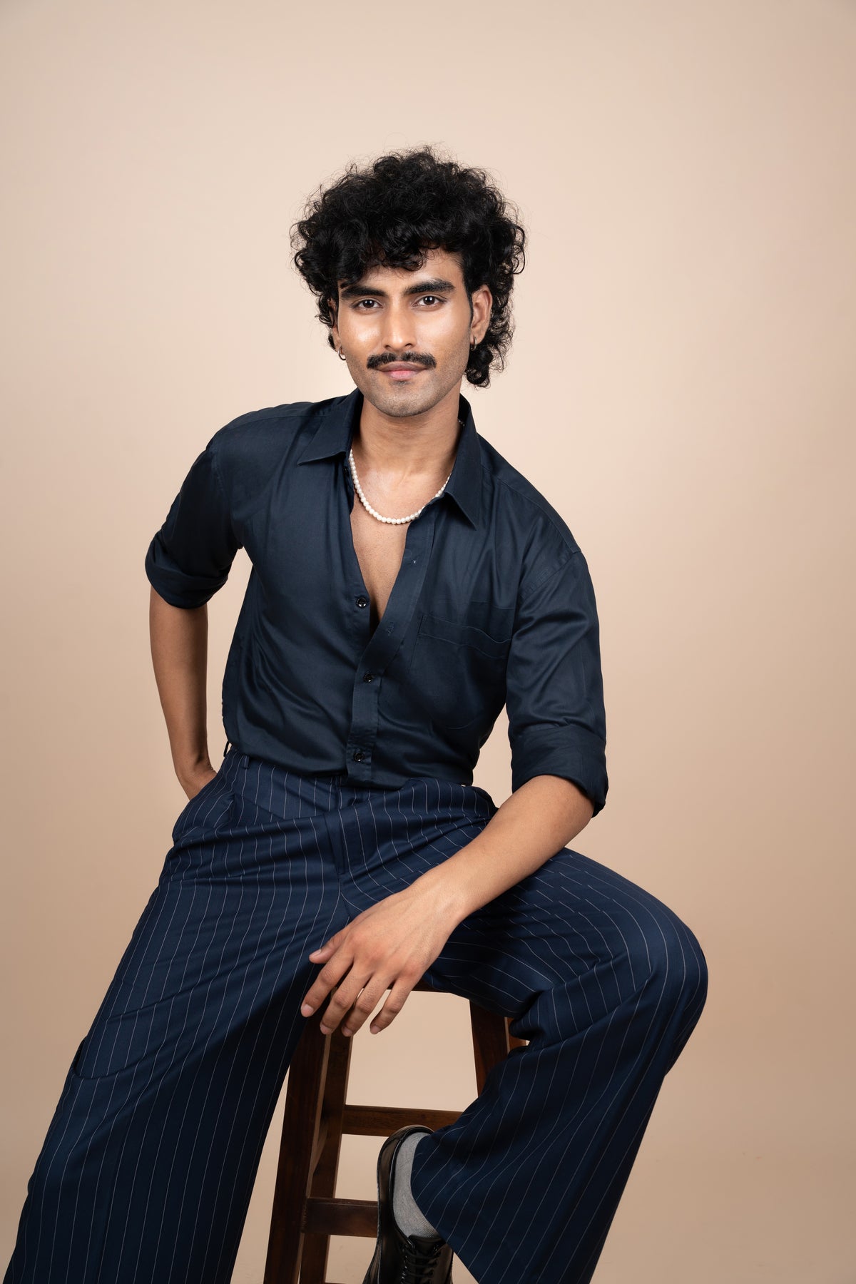 Navy Blue Pinstripe Tailored Pleated Trouser