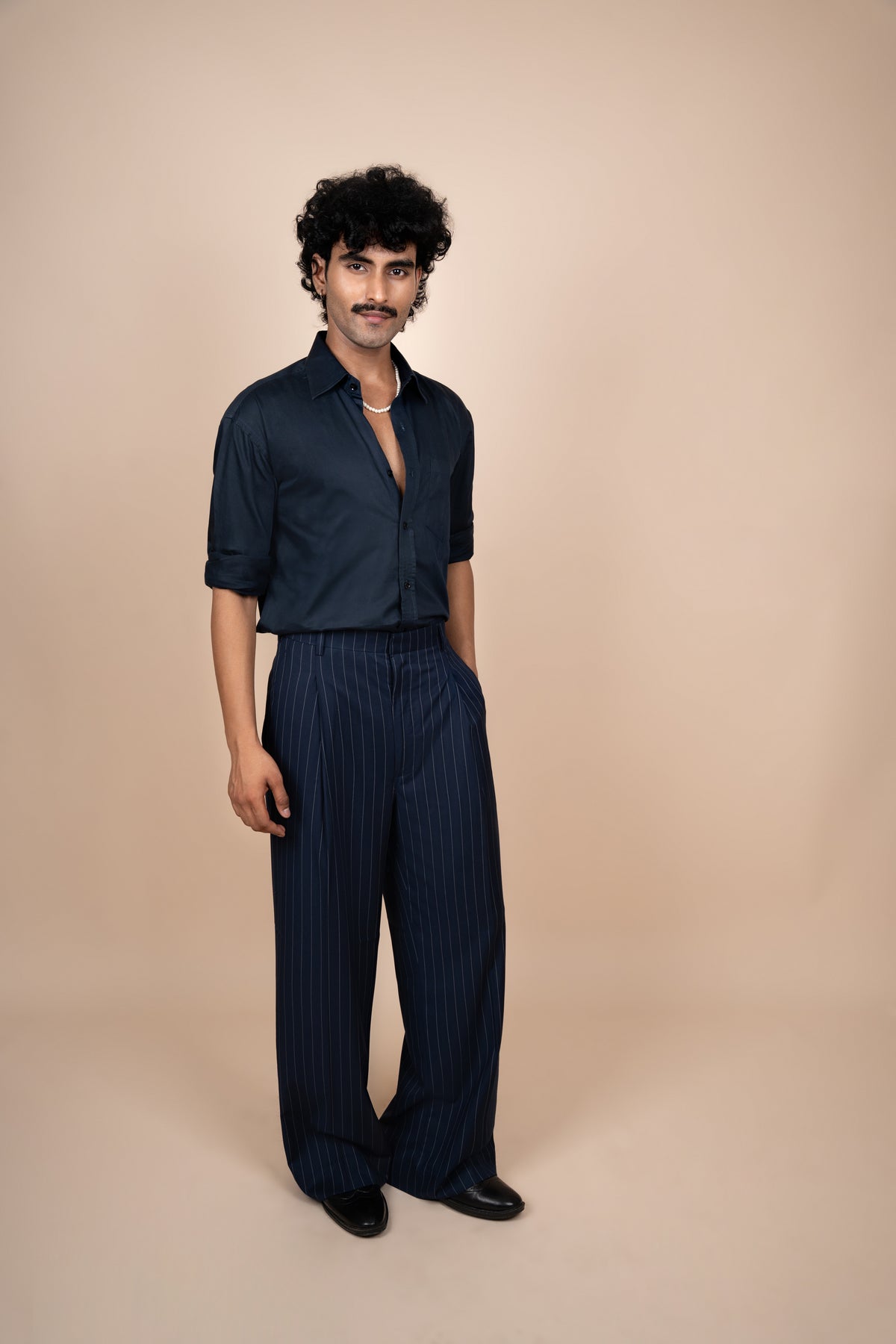 Navy Blue Pinstripe Tailored Pleated Trouser