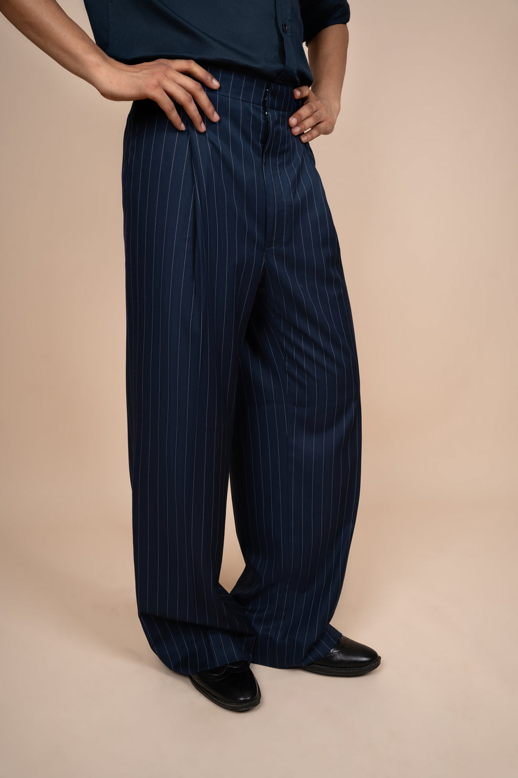 Navy Blue Pinstripe Tailored Pleated Trouser