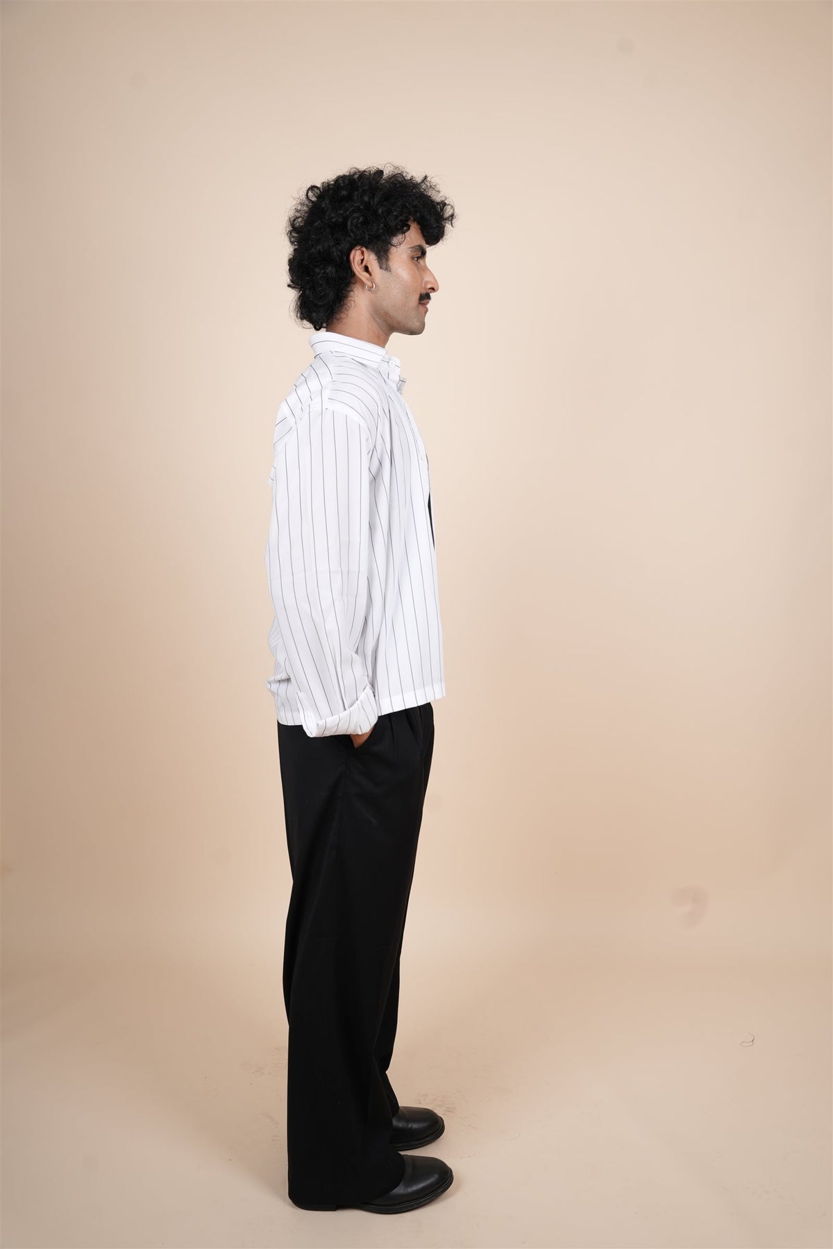 White Pinstripe Boxy Polyester Shirt - on model